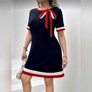 Chikora Plus Color-Block Bow Tie Detail Round Neck Short Sleeve Summer Dress